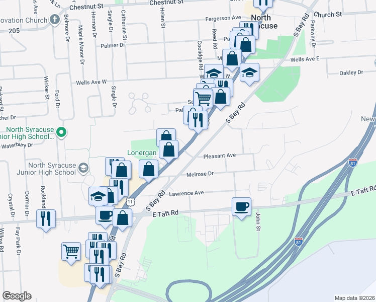 map of restaurants, bars, coffee shops, grocery stores, and more near 101 Pleasant Avenue in Syracuse