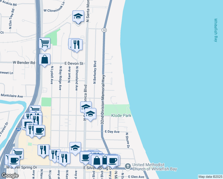 map of restaurants, bars, coffee shops, grocery stores, and more near 6024 North Lake Drive in Whitefish Bay