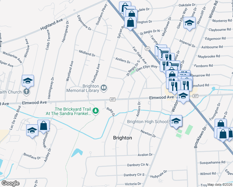 map of restaurants, bars, coffee shops, grocery stores, and more near 155 Seminole Way in Rochester