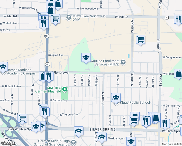 map of restaurants, bars, coffee shops, grocery stores, and more near West Florist Avenue in Milwaukee