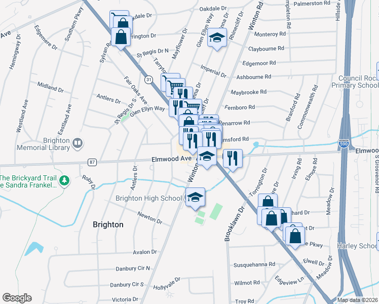 map of restaurants, bars, coffee shops, grocery stores, and more near 2602 Elmwood Avenue in Rochester