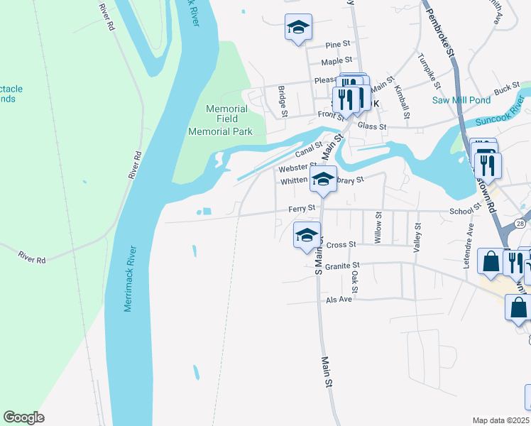 map of restaurants, bars, coffee shops, grocery stores, and more near 28 Ferry Street in Suncook