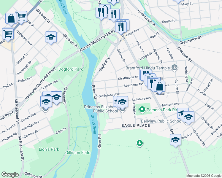 map of restaurants, bars, coffee shops, grocery stores, and more near 80 Aberdeen Avenue in Brantford