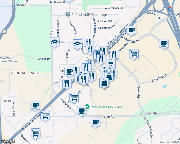 map of restaurants, bars, coffee shops, grocery stores, and more near 4344 East Towne Boulevard in Madison