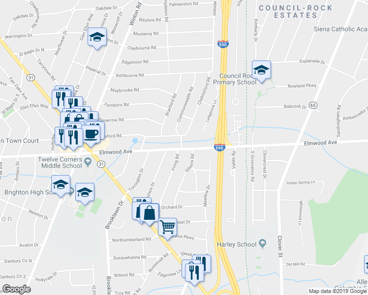 map of restaurants, bars, coffee shops, grocery stores, and more near 6 Commonwealth Road in Rochester