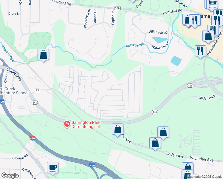 map of restaurants, bars, coffee shops, grocery stores, and more near 23 Patio Drive in Rochester