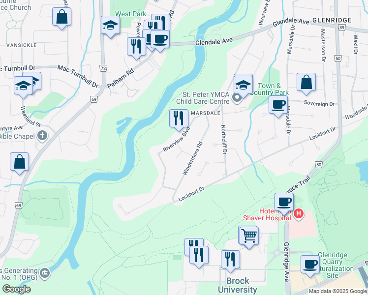 map of restaurants, bars, coffee shops, grocery stores, and more near 5 Whitehall Road in St. Catharines