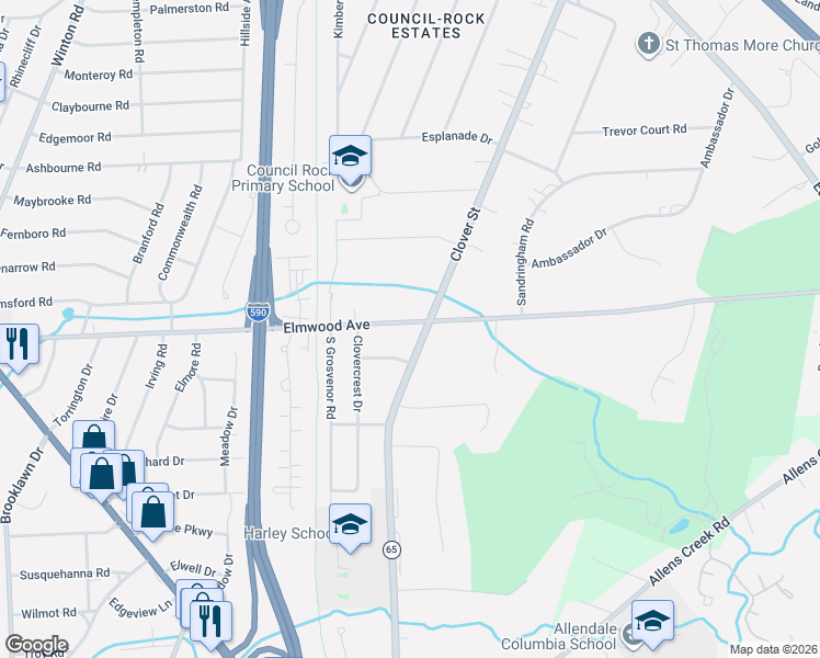 map of restaurants, bars, coffee shops, grocery stores, and more near 1629 Clover Street in Rochester