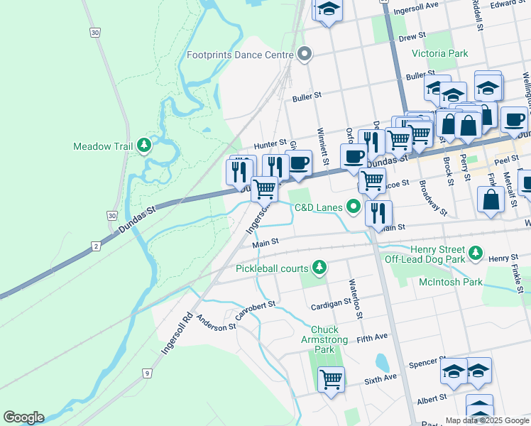map of restaurants, bars, coffee shops, grocery stores, and more near 55 Ingersoll Road in Woodstock