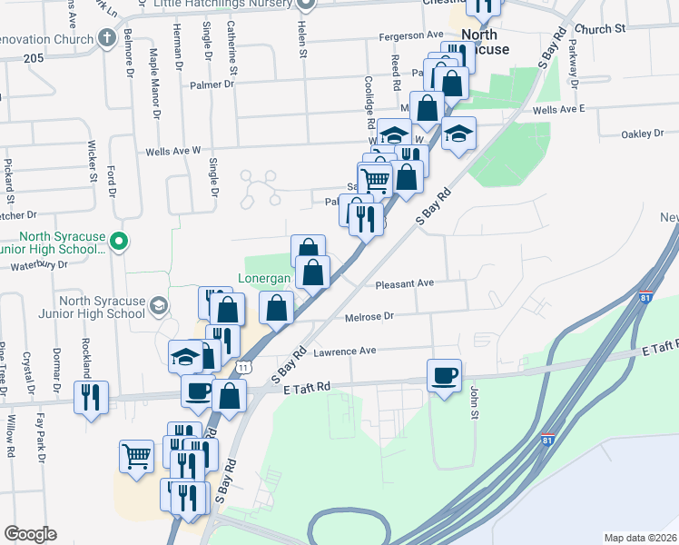 map of restaurants, bars, coffee shops, grocery stores, and more near New York State Bicycle Route 11 & Pleasant Ave in North Syracuse