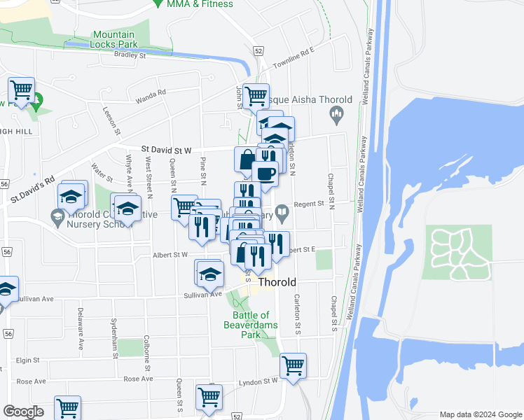 map of restaurants, bars, coffee shops, grocery stores, and more near 11 Regent Street in Thorold