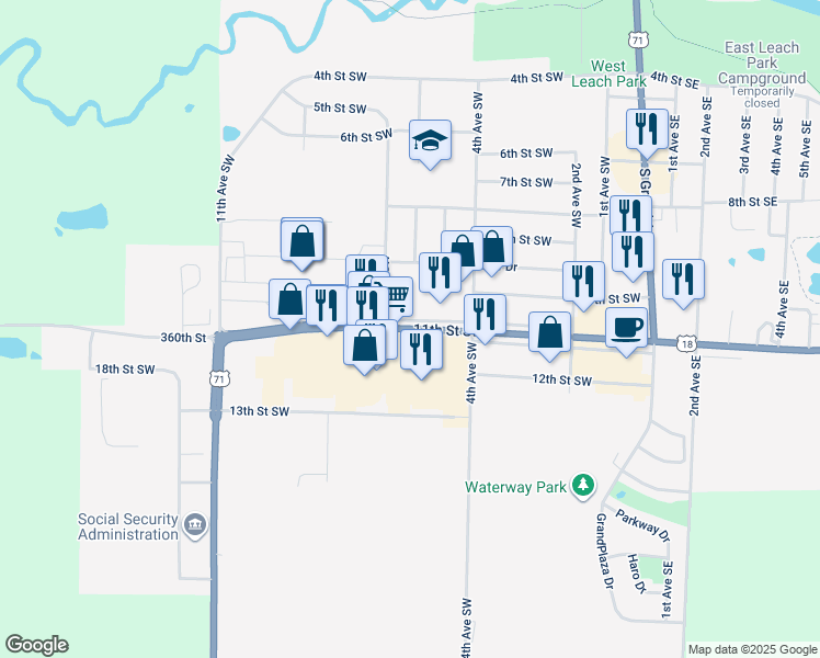 map of restaurants, bars, coffee shops, grocery stores, and more near 608 11th Street Southwest in Spencer