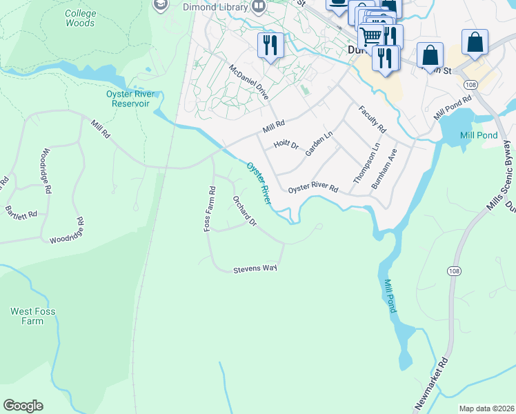 map of restaurants, bars, coffee shops, grocery stores, and more near 15 Orchard Drive in Durham
