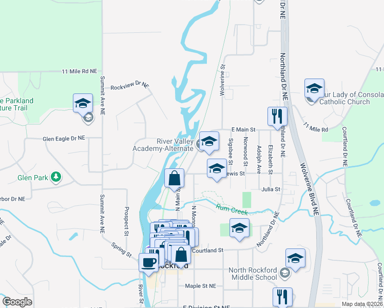 map of restaurants, bars, coffee shops, grocery stores, and more near 327 North Main Street in Rockford