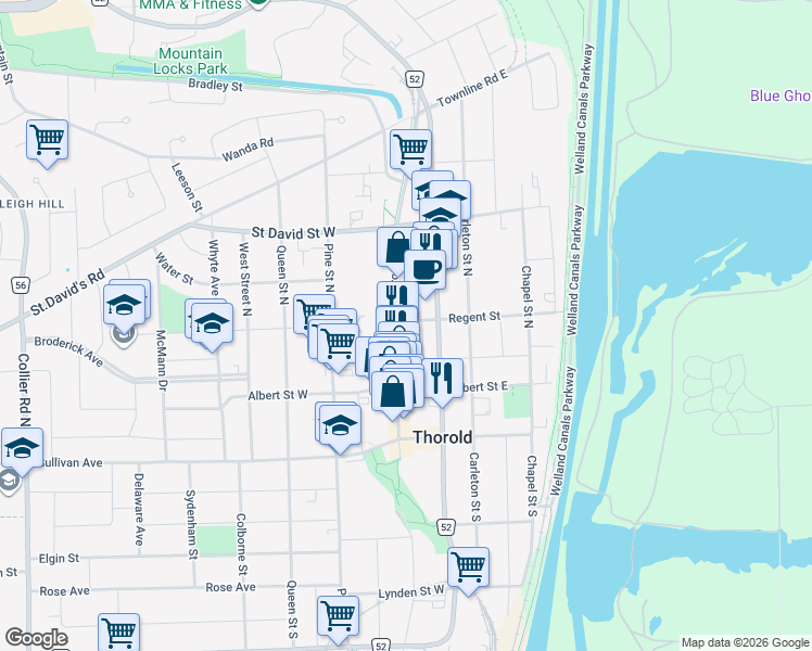 map of restaurants, bars, coffee shops, grocery stores, and more near 5 Regent Street in Thorold