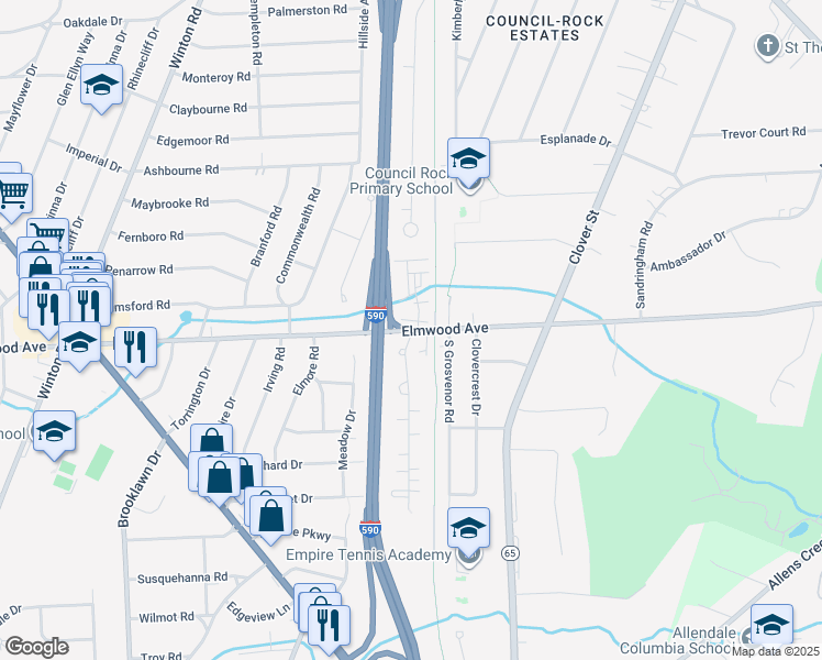 map of restaurants, bars, coffee shops, grocery stores, and more near 3126 Elmwood Avenue in Rochester