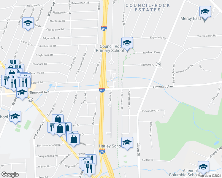 map of restaurants, bars, coffee shops, grocery stores, and more near 3120 Elmwood Avenue in Rochester