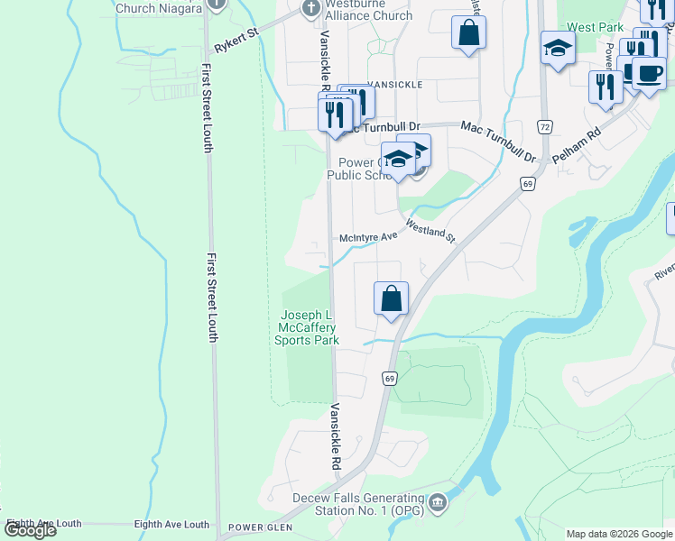 map of restaurants, bars, coffee shops, grocery stores, and more near 112 Vansickle Road in St. Catharines
