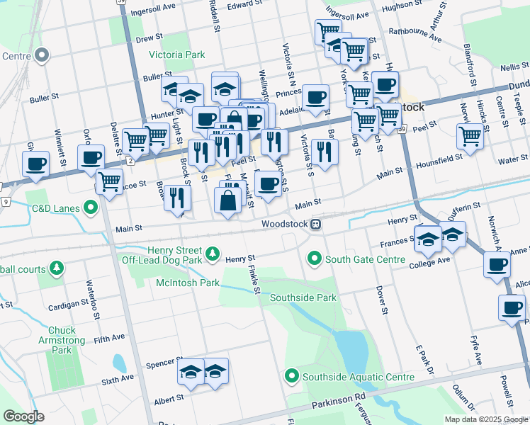 map of restaurants, bars, coffee shops, grocery stores, and more near 94 Reeve Street in Woodstock