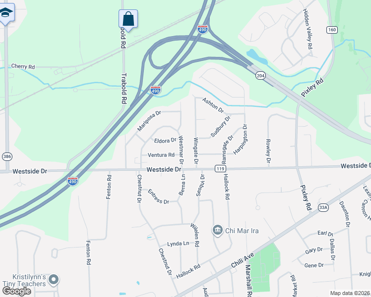 map of restaurants, bars, coffee shops, grocery stores, and more near 1 Ventura Road in Rochester
