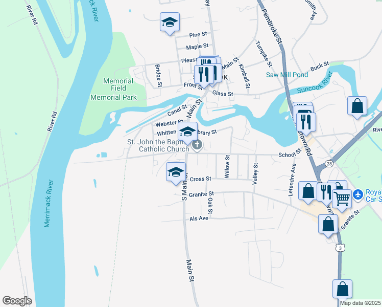 map of restaurants, bars, coffee shops, grocery stores, and more near 3 School St in Allenstown
