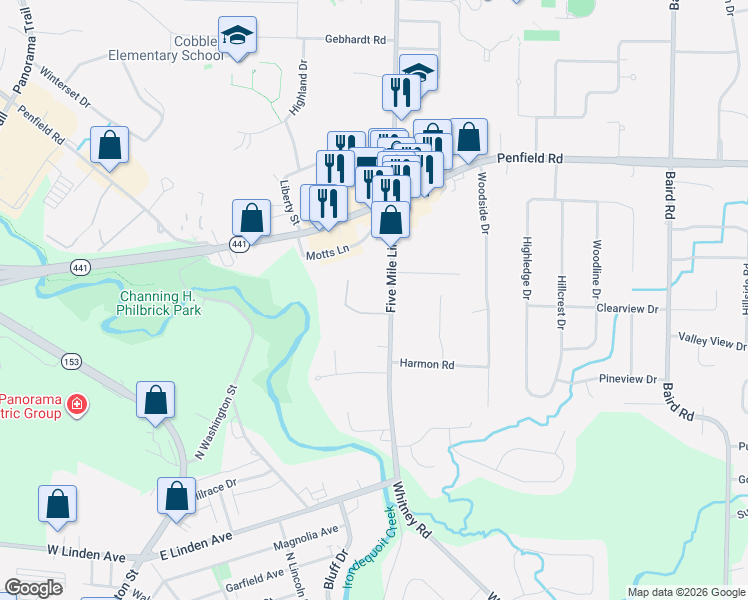 map of restaurants, bars, coffee shops, grocery stores, and more near 2173 Five Mile Line Road in Penfield