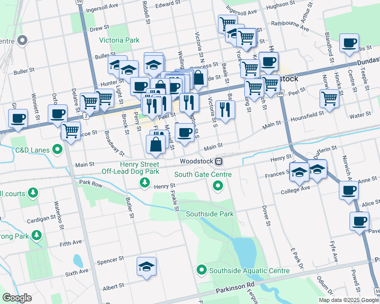 map of restaurants, bars, coffee shops, grocery stores, and more near 507 Main Street in Woodstock