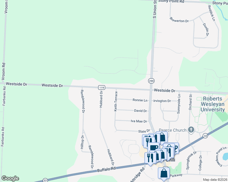 map of restaurants, bars, coffee shops, grocery stores, and more near 2431 Westside Drive in North Chili