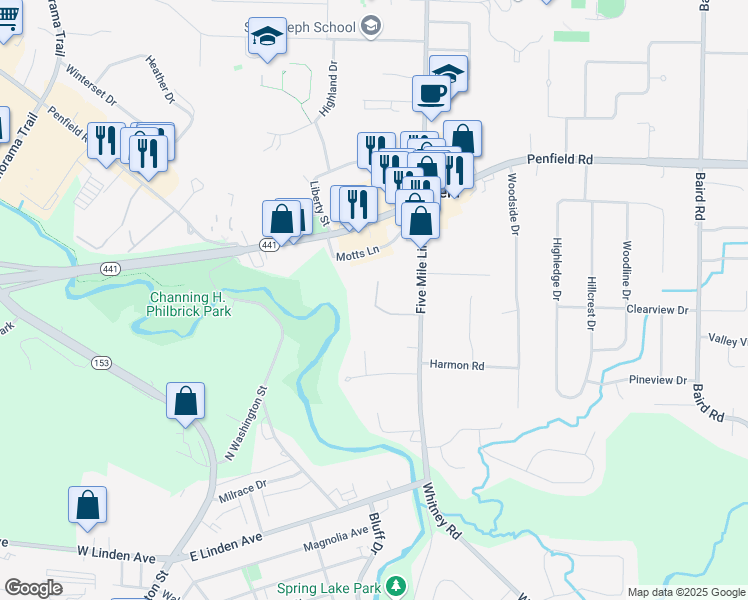 map of restaurants, bars, coffee shops, grocery stores, and more near 110 Brebeuf Drive in Penfield