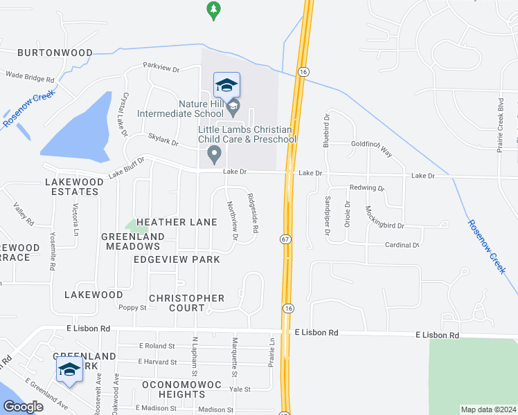 map of restaurants, bars, coffee shops, grocery stores, and more near 1251 Ridgeside Road in Oconomowoc