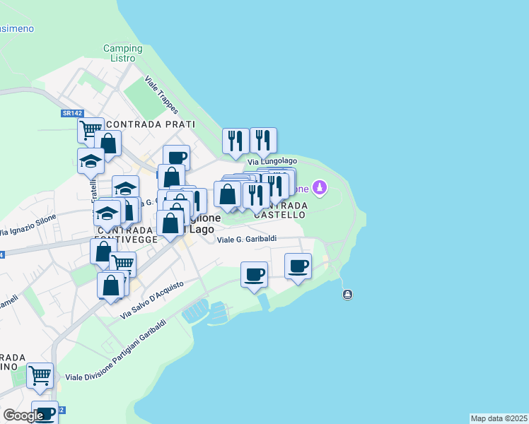 map of restaurants, bars, coffee shops, grocery stores, and more near 16 Via Belvedere in Castiglione del Lago