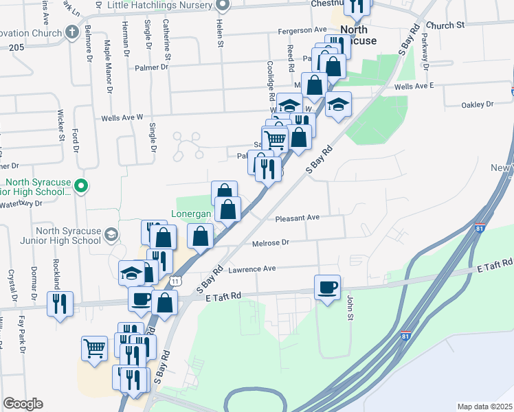 map of restaurants, bars, coffee shops, grocery stores, and more near 101 Pleasant Avenue in Syracuse