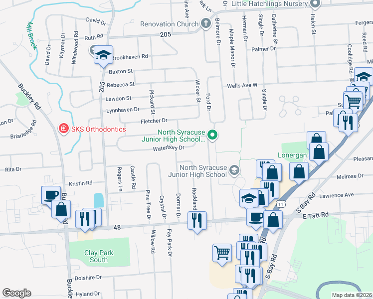 map of restaurants, bars, coffee shops, grocery stores, and more near 152 Rockland Drive in Syracuse