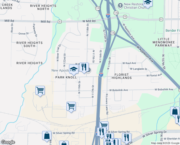 map of restaurants, bars, coffee shops, grocery stores, and more near 11722 West Florist Avenue in Milwaukee