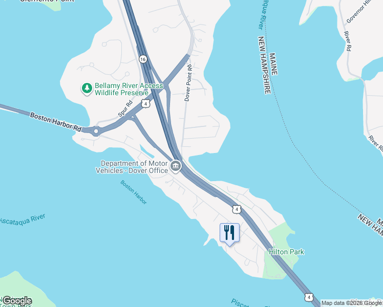 map of restaurants, bars, coffee shops, grocery stores, and more near 350 Dover Point Road in Dover