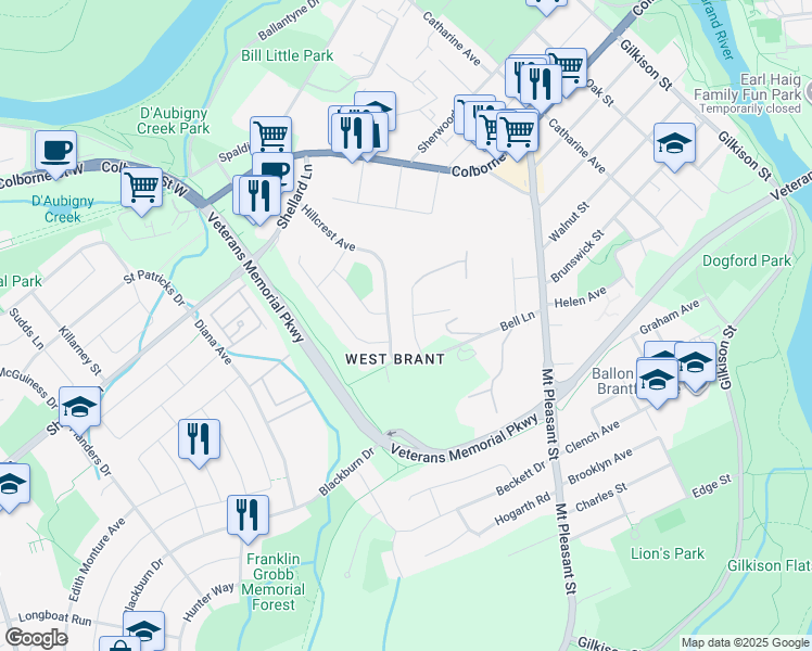 map of restaurants, bars, coffee shops, grocery stores, and more near 14 Stratford Terrace in Brantford