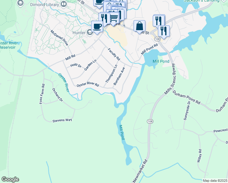 map of restaurants, bars, coffee shops, grocery stores, and more near 54 Oyster River Road in Durham