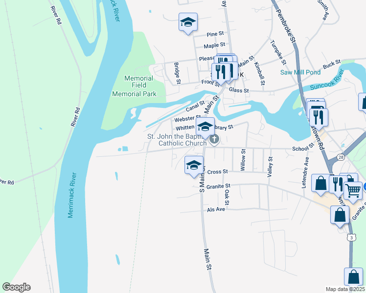 map of restaurants, bars, coffee shops, grocery stores, and more near 12 Ferry Street in Allenstown