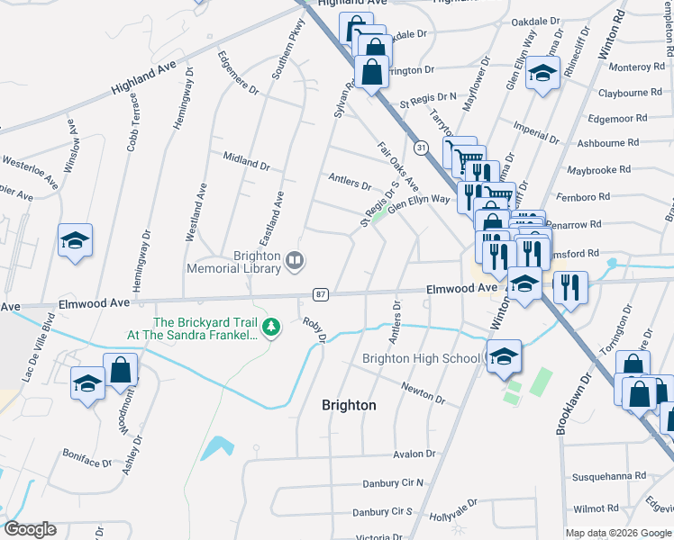 map of restaurants, bars, coffee shops, grocery stores, and more near 155 Seminole Way in Rochester