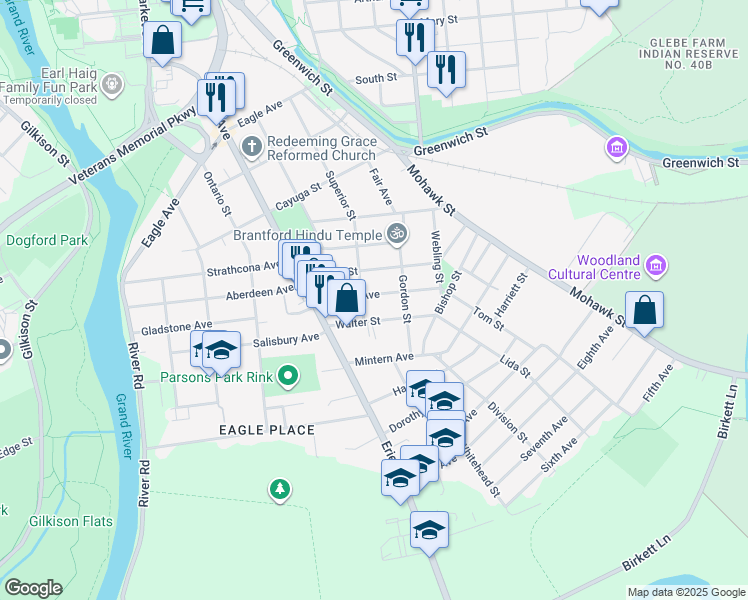 map of restaurants, bars, coffee shops, grocery stores, and more near 32 Walter Street in Brantford