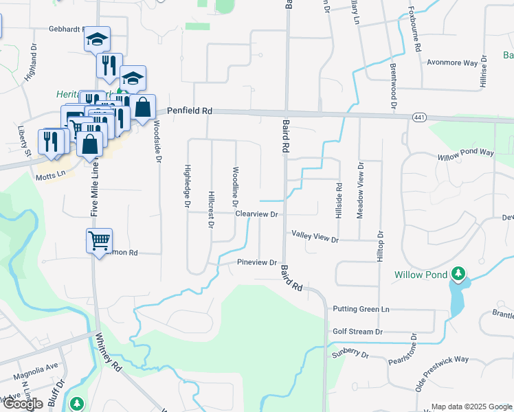 map of restaurants, bars, coffee shops, grocery stores, and more near 77 Clearview Drive in Penfield