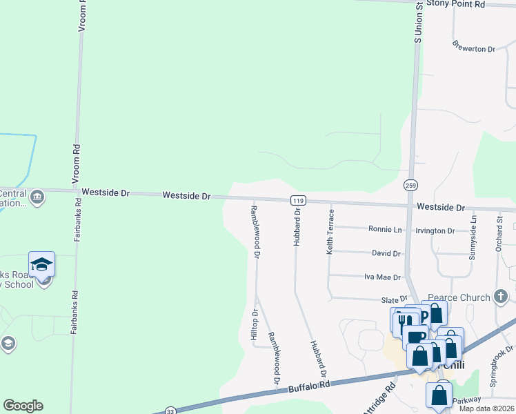 map of restaurants, bars, coffee shops, grocery stores, and more near 83 Ramblewood Drive in North Chili