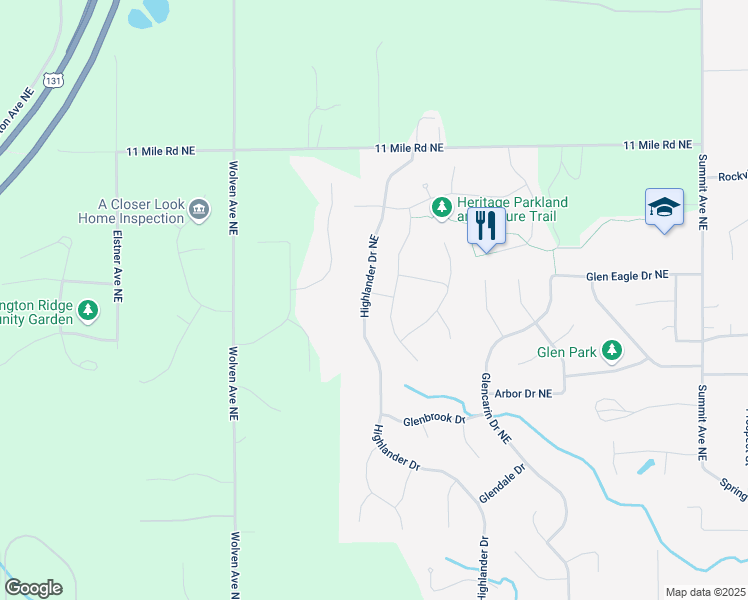 map of restaurants, bars, coffee shops, grocery stores, and more near 430 Highlander Drive Northeast in Rockford