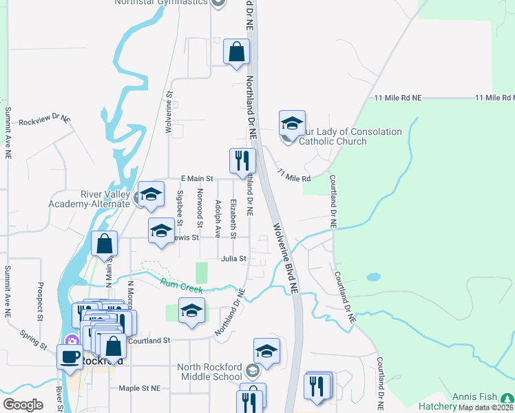 map of restaurants, bars, coffee shops, grocery stores, and more near 325 Northland Drive Northeast in Rockford