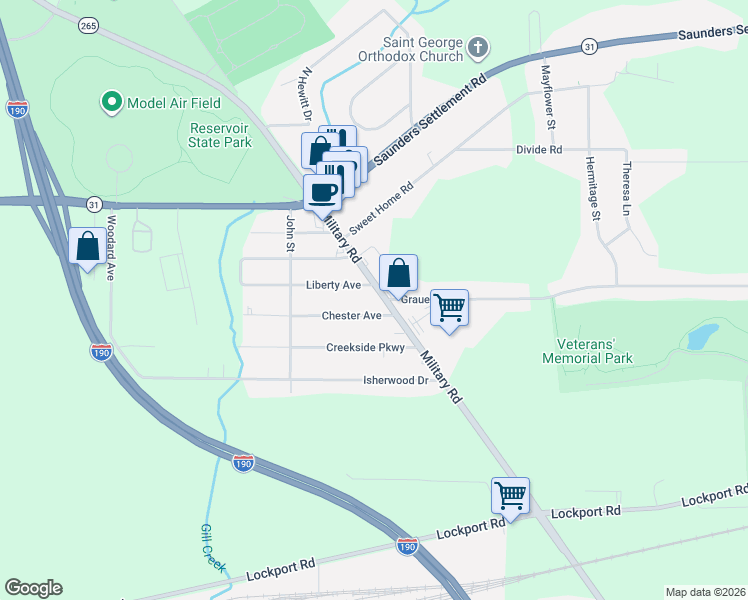 map of restaurants, bars, coffee shops, grocery stores, and more near 4416 Military Road in Niagara Falls