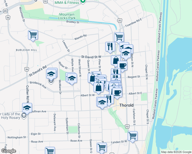 map of restaurants, bars, coffee shops, grocery stores, and more near 6 Ann Street in Thorold