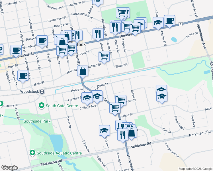 map of restaurants, bars, coffee shops, grocery stores, and more near 7 Cronyn Street in Woodstock