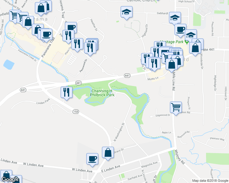 map of restaurants, bars, coffee shops, grocery stores, and more near 2138 Washington Street in East Rochester