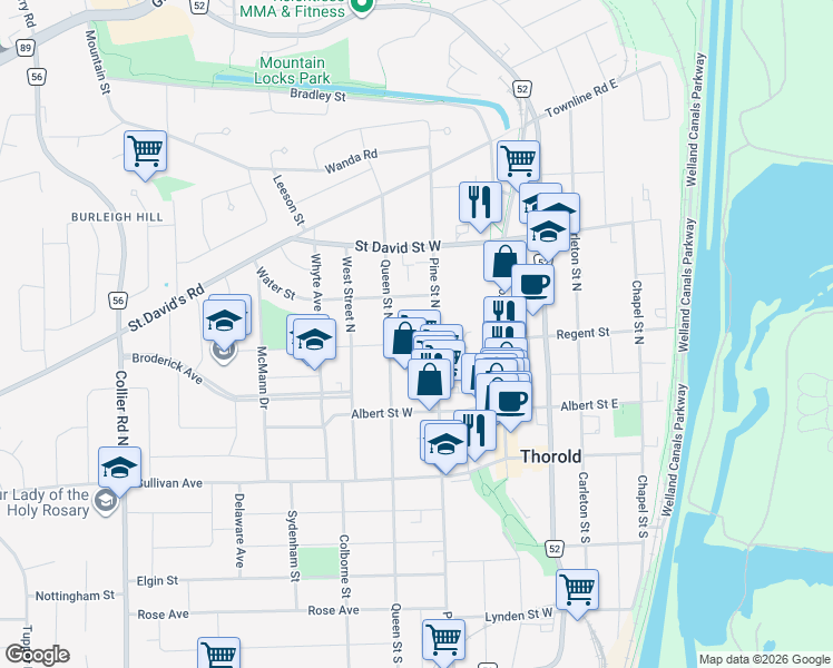 map of restaurants, bars, coffee shops, grocery stores, and more near 6 Ann Street in Thorold