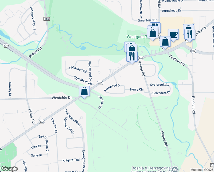 map of restaurants, bars, coffee shops, grocery stores, and more near 36 Kernwood Drive in Rochester